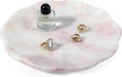 Koville Marble Tray, 8" Round Marble Vanity Tray for Jewelry Trinket Perfume, Natural Stone Tray for Bathroom Kitchen Dresser Countertop, Scalloped Decorative Tray for Home Table Decor(White&Pink)