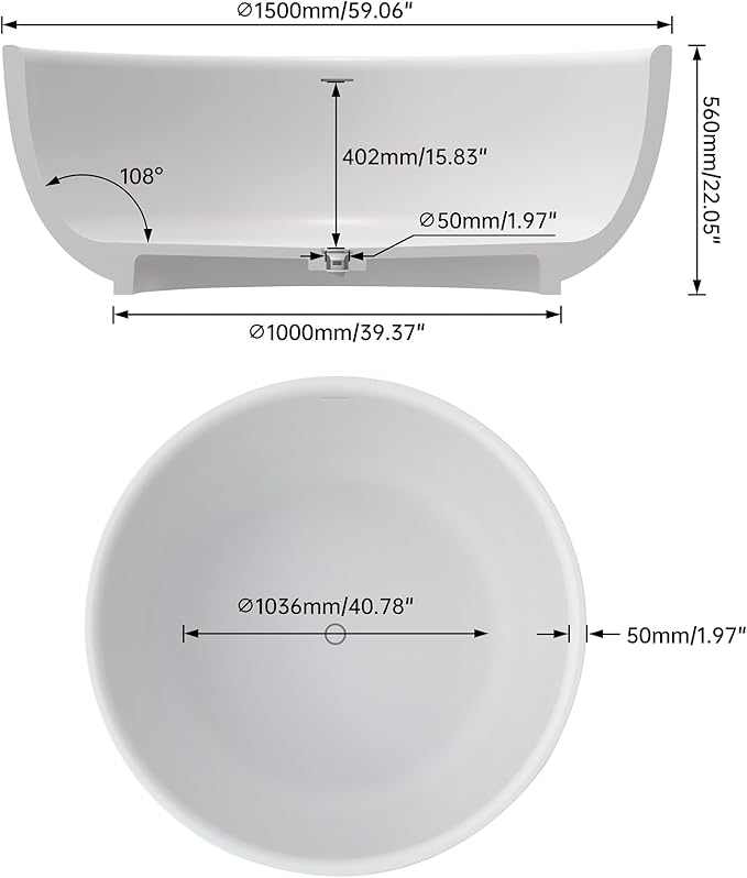 59" x 59" Premium Solid Surface Freestanding Bath Tub, Upgraded Round Soaking Deep Stone Resin Tubs with Overflow and Pop-up Drain, Matte White