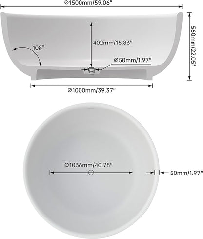 59" x 59" Premium Solid Surface Freestanding Bath Tub, Upgraded Round Soaking Deep Stone Resin Tubs with Overflow and Pop-up Drain, Matte White