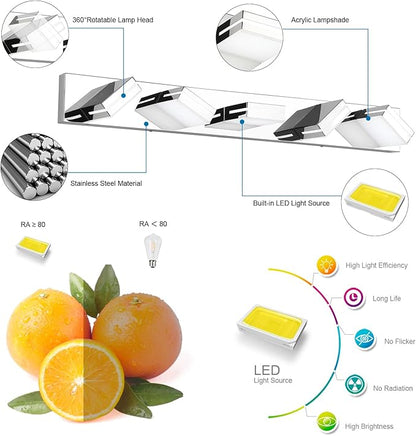 SineRise LED Modern Bathroom Vanity Light Fixtures (5-Light, 40-Inch, Dimmable), Chrome Modern Acrylic Bathroom Wall Lighting Fixtures Over Mirror (Cool White 6000K)