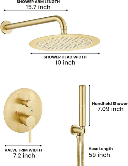 Airuida Shower Fixtures 2 Functions Shower Faucet Set Wall Mounted for Bathroom High Pressure Brass Handheld Shower with Rough-in Valve Round Rainfall 10 Inch Shower Head Brushed Gold