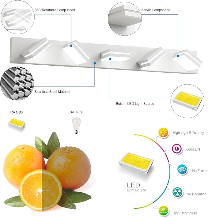 SineRise LED Modern Bathroom Vanity Light Fixtures (5-Light, 40-Inch), Matte White Modern Acrylic Bathroom Wall Lighting Fixtures Over Mirror (Cool White 6000K)