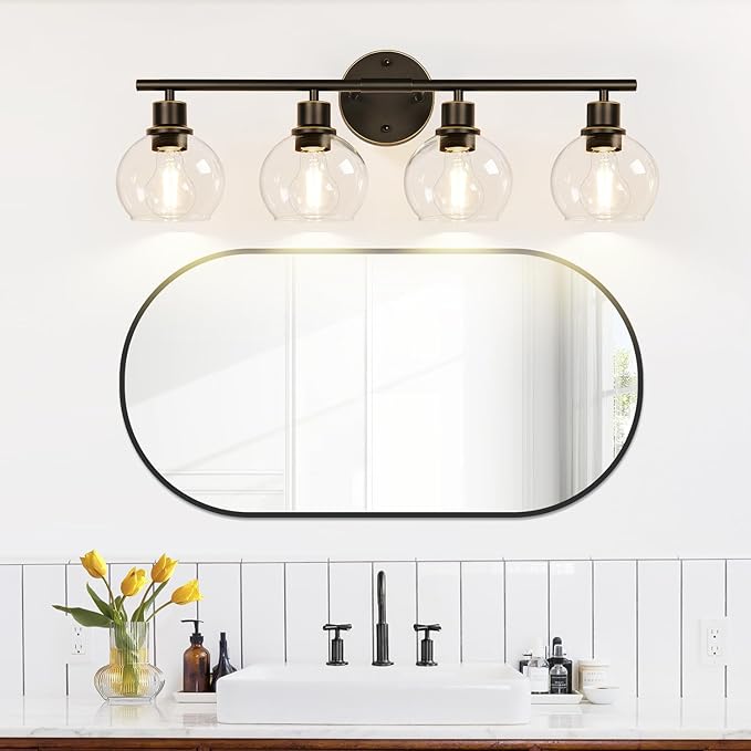 4-Light Bathroom Light Fixtures, Oil Rubbed Bronze Bathroom Lights Over Mirror with Clear Glass Globe Shade, Vanity Lights for Bathroom Kitchen Living Room Hallway Cabinet Bedroom Porch