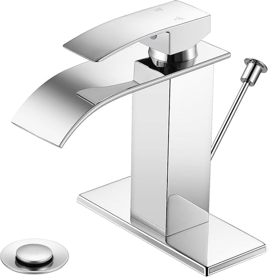 Bathroom Faucets with Lift Rod Drain Chrome Waterfall Bathroom Sink Faucet Modern Single Handle Bathroom Faucet for 1 or 3 Hole Mxier Tap Washbasin Faucet with Deck