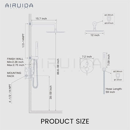 Airuida Shower Fixtures 2 Functions Shower Faucet Set Wall Mounted for Bathroom High Pressure Brass Handheld Shower with Rough-in Valve Round Rainfall 12 Inch Shower Head Brushed Gold