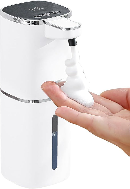 Automatic Foaming Soap Dispenser, 12.8oz Rechargeable, Adjustable Foam Levels, IPX5 Waterproof, Touchless & Wall/Tabletop Use for Kitchen Bathroom, White