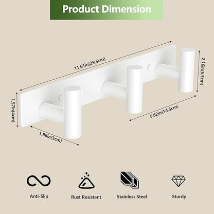 Wall Mounted Coat Rack-3 Hooks, Heavy Duty Stainless Steel Wall Hooks for Towel Coat Bag, Hat Rack Coat Hanger Coat Hooks Towel Racks for Bathroom Entryway Kitchen Hotel Office (White, 1 Pack)