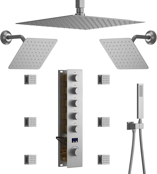 Brushed Nickel Shower System with 12+8+8" Three Top Shower Heads, Full Body Shower System with Temperature Display,Handheld Sprayer and Body Jets Shower Set