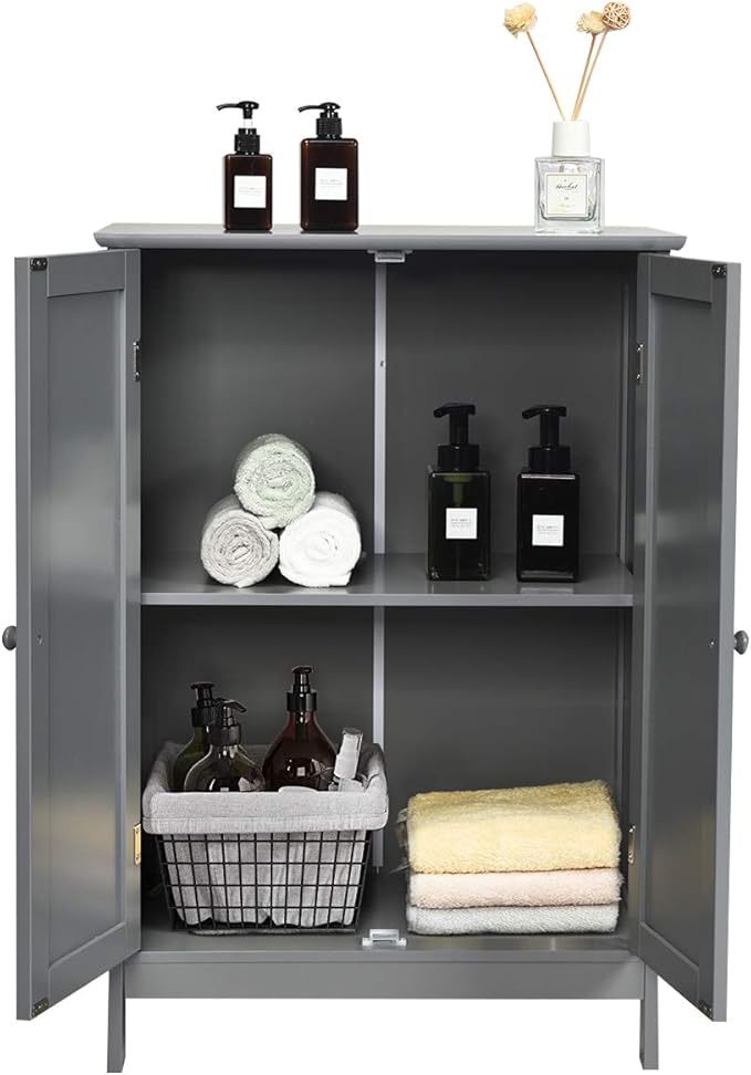 Tangkula Freestanding Storage Cabinet with Double Doors and Shelf, Modern Home Furniture, Wooden Organizer for Living Room and Bathroom, Grey