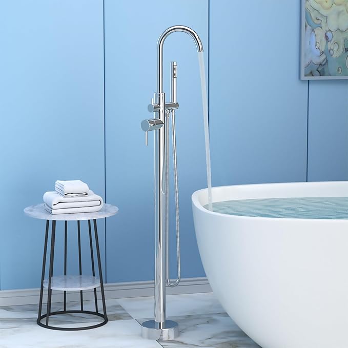 Freestanding Tub Filler Polished Chrome Floor Mount Bathtub Faucet Bathroom,Rough-in Valve 2 Function Handshower for Tub Rinsing Bathing,Anti-Wobble Base,Cylinder Handheld
