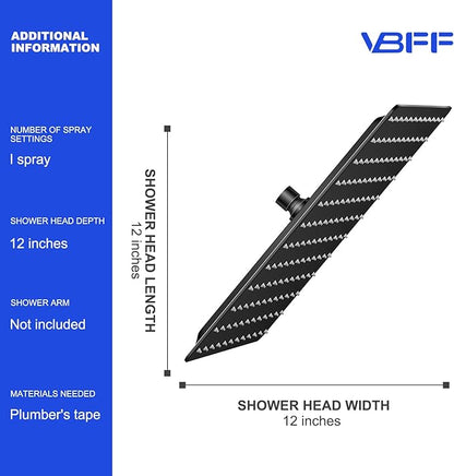 VBFF-Shower Head,rain shower head, 12 inch- Square Shower Head, 1.8 GPM Flow Rate, rainfall showerhead,VBFF09 (Matte Black)