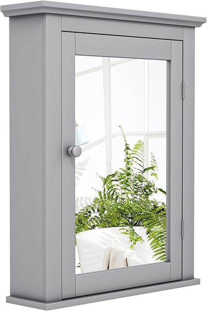 Safeplus Grey Medicine Cabinet with Mirror, Wall Mounted Adjustable Storage for Bathroom, Living Room, Bedroom, Entryway and Kitchen