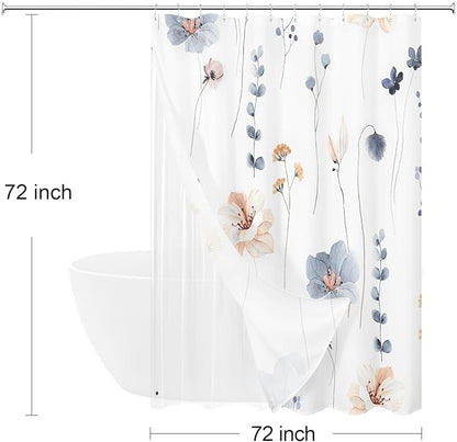 Gibelle 3 in 1 Shower Curtain Set, Blue Watercolor Floral Bath Curtain and PEVA Liner Set with 12 Double Sided Steel Hooks, Waterproof Fabric Bathroom Curtain 72x72