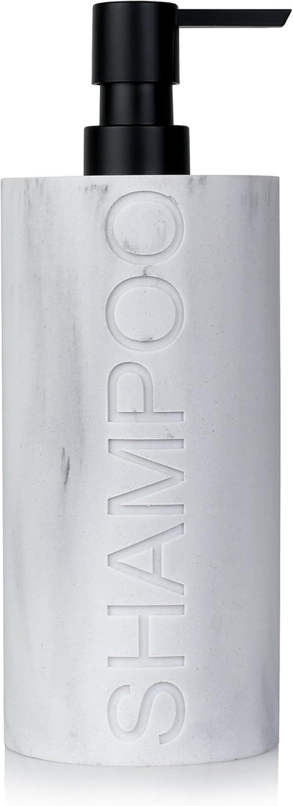 Resin White Marbled Shampoo Engraved Bottle Refillable Pump Dispenser, Durable Waterproof Construction for Bath, Shower - Resin White Marble - Matte Black Pump