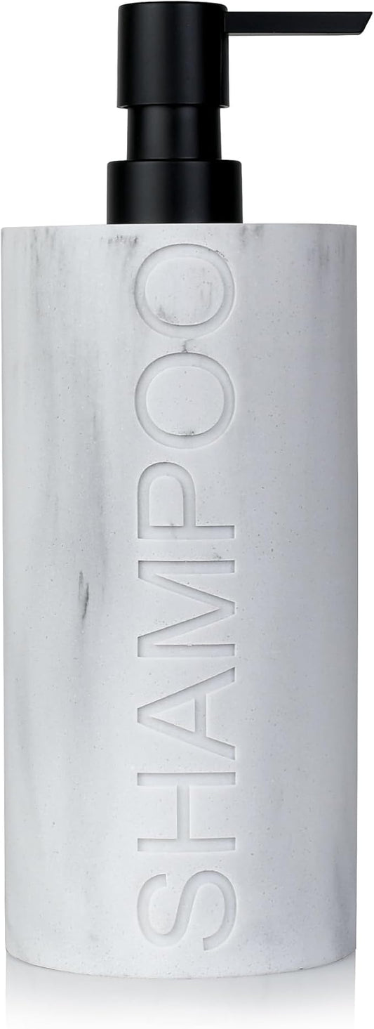 Resin White Marbled Shampoo Engraved Bottle Refillable Pump Dispenser, Durable Waterproof Construction for Bath, Shower - Resin White Marble - Matte Black Pump