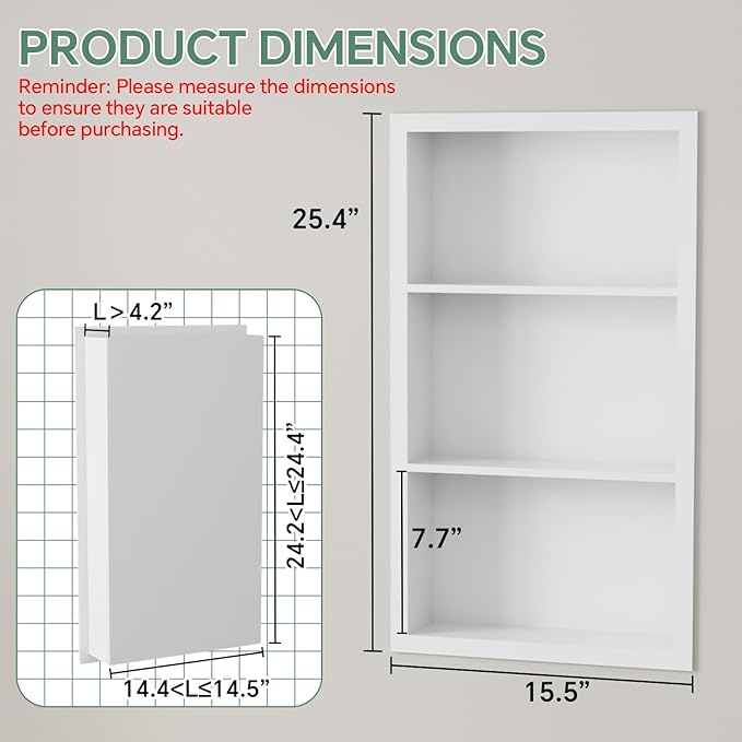 Stainless Steel Recessed Medicine Cabinet 14''*24'', Rust-Proof Metal Wall Niche, in Wall Shower Niche Shelf Insert Replacement, Recessed Medicine Cabinets for Drywall, Bathroom Storage, White