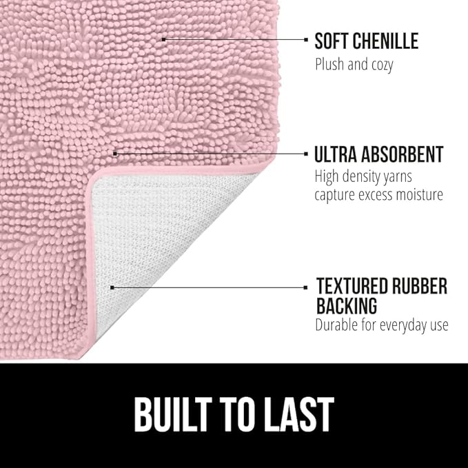 GORILLA GRIP Bath Rug Mat 44x26, Soft Absorbent Chenille, Quick Dry Microfiber Mats, Rubber Backing Washable Shower Floor Rugs, Bathmat Runner, US Designed Bathroom Home Decor Accessories Light Pink