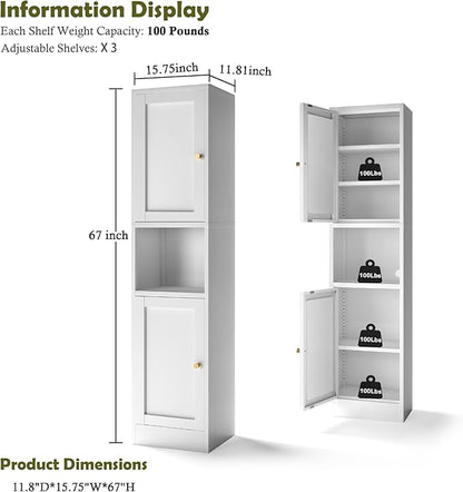 COFaR 67" Tall Metal Bathroom Storage Cabinet,6-Tier Freestanding Linen Tower with 2 Doors,Narrow Slim Metal Locker Storage Cabinet for Small Spaces,Modern,White