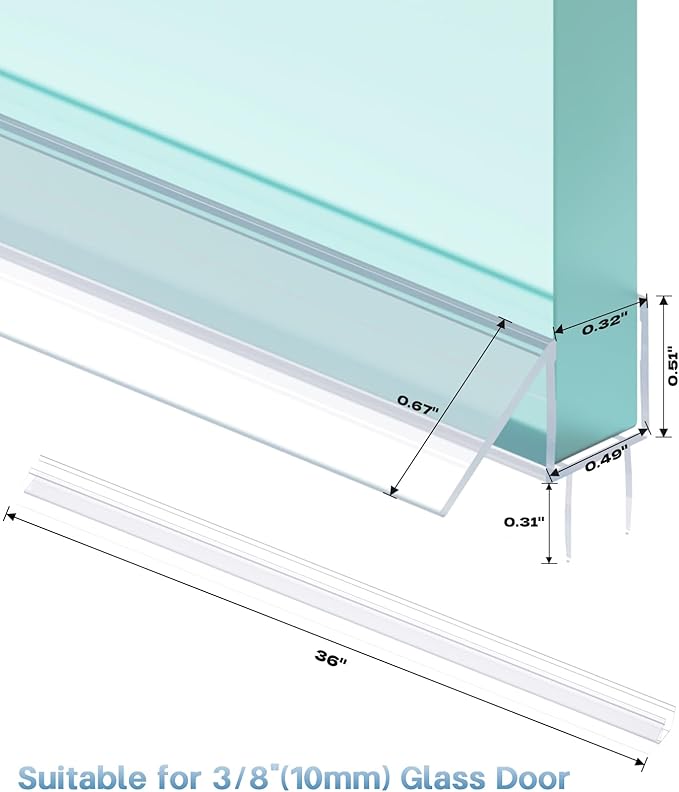 Shower Door Bottom Seal Strip, 2PCS Seal Strip, Ultra Clear PVC, 36" Length, Fits 10mm Thick Glass, Prevents Leaks, Easy Installation, No Adhesive Required (Ultra Clear, 36in for 3/8"(10mm) Door)