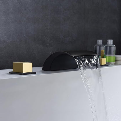 SUMERAIN Roman Bathtub Faucet 3 Hole Deck Mount High Flow Waterfall Tub Filler Black and Gold Finish