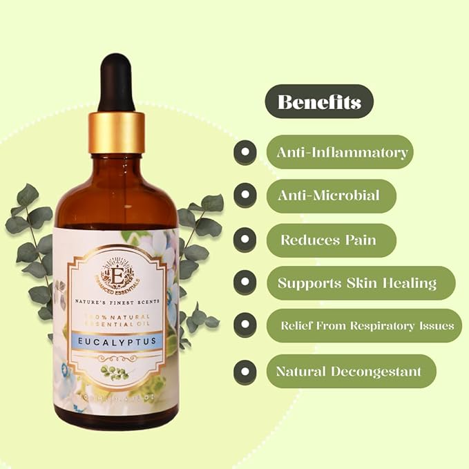 Luxurious Eucalyptus Essential Oil by Enhanced Essentials|with Glass Dropper|Slow Distilled Essential Oils for Diffusers,Skin Care,Aromatherapy,Bath,Gifting,Soap and Candle Making| 3.38 fl oz/100 ml