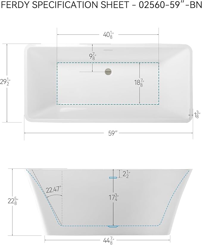 FerdY Sentosa 59" Acrylic Freestanding Bathtub, Contemporary Design Soaking Tub with Brushed Nickel Drain and Minimalist Linear Design Overflow, Easy to Install, 02560