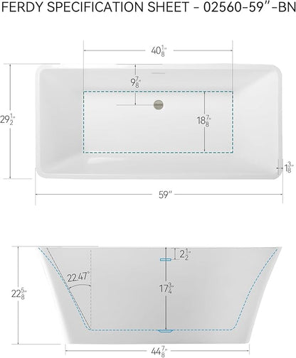 FerdY Sentosa 59" Acrylic Freestanding Bathtub, Contemporary Design Soaking Tub with Brushed Nickel Drain and Minimalist Linear Design Overflow, Easy to Install, 02560