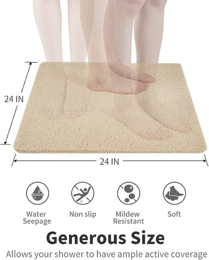 Non Slip Shower Mat, Comfortable Bath mat for Textured Surface,Quick Drying Easy Cleaning Shower Floor Mat for Wet Area,Without Suction Cups Beige 24 x 24