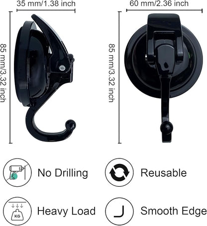Heavy Duty Suction Cup Hooks for Shower, Bathroom Robe, Garland Decoration - Vacuum Glass Hooks, Reusable, No Hole Punched (Black, 4 Pack)