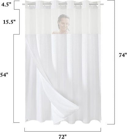 Gibelle No Hook Waffle Weave Shower Curtain with Snap-in Fabric Liner Set for Bathroom, Hotel Style with Mesh Top Window, Waterproof & Washable, White, 72x74