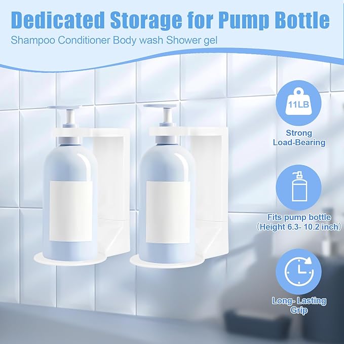 No Drill Pump Bottle Holders 2 Pack - Adhesive Wall Mount Shampoo Holder, 11LB Weight Capacity, Dedicated Storage for Shower Pump Bottle Body Wash/Conditioner/Lotion