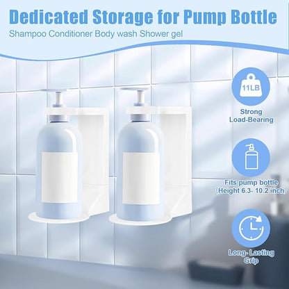 No Drill Pump Bottle Holders 2 Pack - Adhesive Wall Mount Shampoo Holder, 11LB Weight Capacity, Dedicated Storage for Shower Pump Bottle Body Wash/Conditioner/Lotion