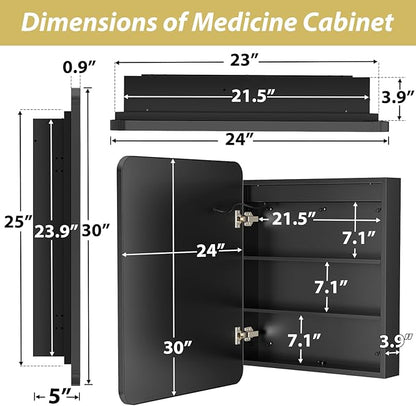 APRILSOUL 24X30 Inch Black Bathroom Medicine Cabinet with Mirror, Recessed or Surface Lighted Medicine Cabinet with 3 Colors Temperature, Dimmable Light