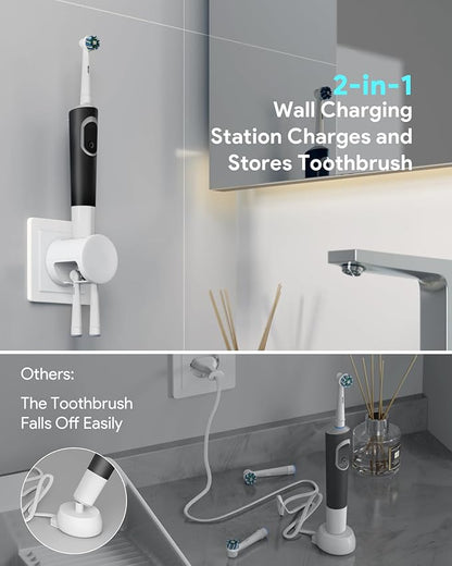 2-in-1 Wireless Wall Station Compatible with Oral-B Braun Electric Toothbrush, 3-Port US Plug with 2 Holders Fast Wall Charger for IO2/3/4/5/6, Pro 1/3/1000/2000, D100/Genius/Smart, IPX6, White