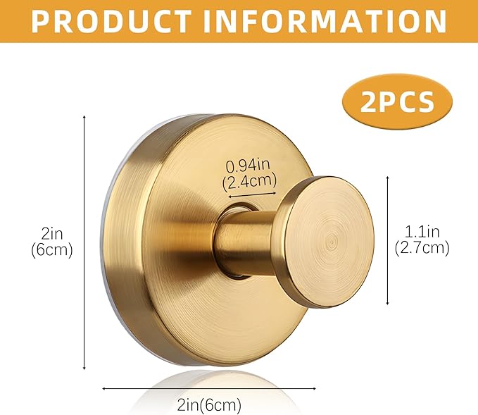 2 Pcs Suction Cup Hooks, Stainless Steel Removable Shower Towel Hook, No Drill Towel Holder for Bathroom, Kitchen Glass Door Wall for 15 Lb Heavy Duty Clothes - O Shape, Gold