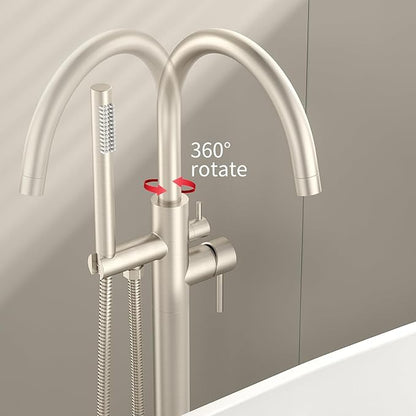 Freestanding Bathtub Faucet Waterfall Tub Filler Brushed Nickel Floor Mount Brass Single Handle Bathroom Faucets with Hand Shower (Electroplating color, Water in the side)