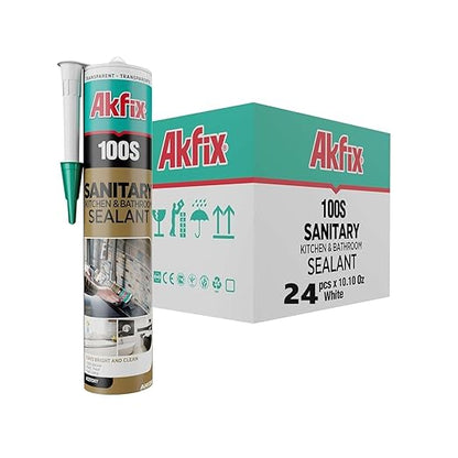 Akfix 100S RTV 100% White Silicone Caulk (24x10.1 fl.oz.) - Kitchen and Bathroom Applications, Waterproof & Low Odor Sealant for, Bathtub, Shower, Sink - Anti Shrink Caulking | White, 24 Pack