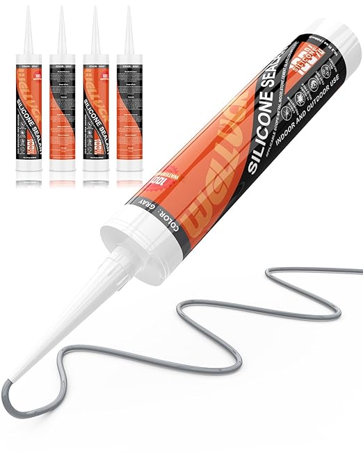 WELLUCK Grey Silicone Caulk, 100% Waterproof Silicone Sealant Adhesive Caulking,for RV, Kitchen,Bathroom, Window, Door, Glass,10.2FL.OZ/300ML（4 Pack）