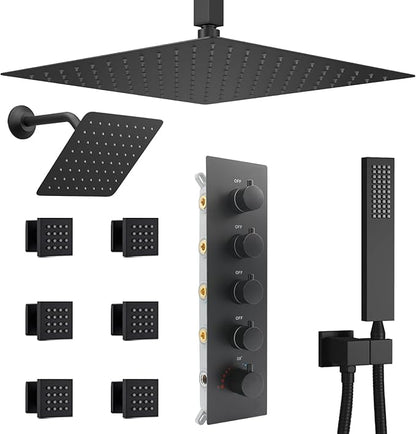 Black Shower Faucet Set Dual Shower Heads with 16" Ceiling Mounted Rain Shower Head & 6" Wall Mounted Head 4 Function Full Body Shower System with body jets,Matte Black