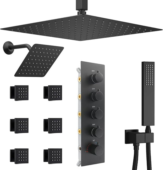 Black Shower Faucet Set Dual Shower Heads with 16" Ceiling Mounted Rain Shower Head & 6" Wall Mounted Head 4 Function Full Body Shower System with body jets,Matte Black