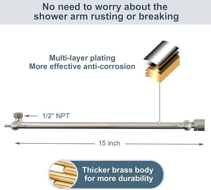 BRIGHT SHOWERS 15 Inch Extra Long Shower Head Extension Arm, Solid Brass Shower Arm Extender with Locking Screw for Rain and Handheld Showerhead, Height & Angle Adjustable, Brushed Nickel