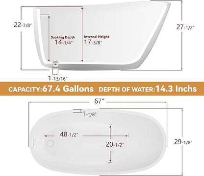 67" Free Standing Tub, Pure Acrylic Freestanding Bathtub, Stylish Stand Alone Tub, Contemporary Deep Soaking Bath Tub, cUPC Certified SY9970 (Glossy White)