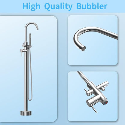 Freestanding Tub Filler Polished Chrome Floor Mount Bathtub Faucet Bathroom,Rough-in Valve 2 Function Handshower for Tub Rinsing Bathing,Anti-Wobble Base,Cylinder Handheld
