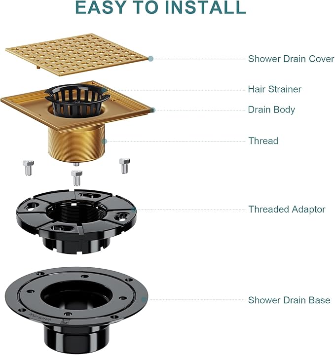 Champagne Bronze Shower Drain 4-1/4 Inch - Square Shower Floor Drain Kit with ABS Flange for 2" or 3" Pipe, Drain with Hair Strainer,Removable Strainer Cover,SUS304 Stainless Steel & CUPC Certified