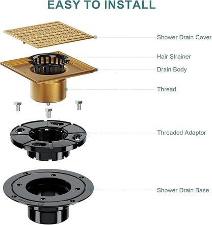 Champagne Bronze Shower Drain 4-1/4 Inch - Square Shower Floor Drain Kit with ABS Flange for 2" or 3" Pipe, Drain with Hair Strainer,Removable Strainer Cover,SUS304 Stainless Steel & CUPC Certified
