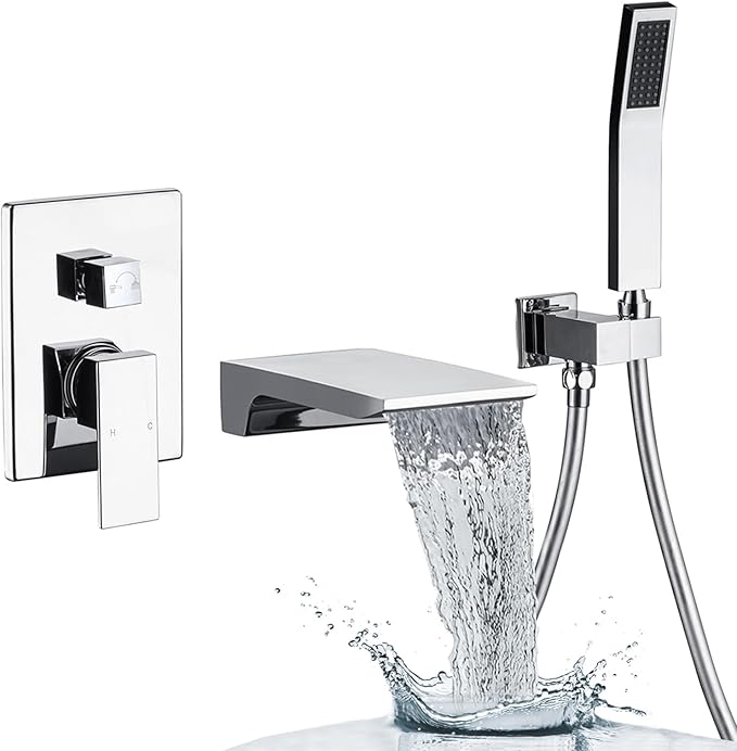 Wall Mount Waterfall Tub Faucet Single Handle Bathroom Bathtub Faucet Waterfall Roman Tub Filler Faucet Wall Mount Bathtub Faucets with Hand Shower, Chrome