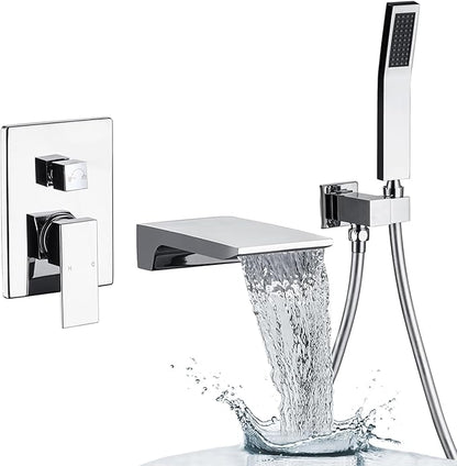 Wall Mount Waterfall Tub Faucet Single Handle Bathroom Bathtub Faucet Waterfall Roman Tub Filler Faucet Wall Mount Bathtub Faucets with Hand Shower, Chrome