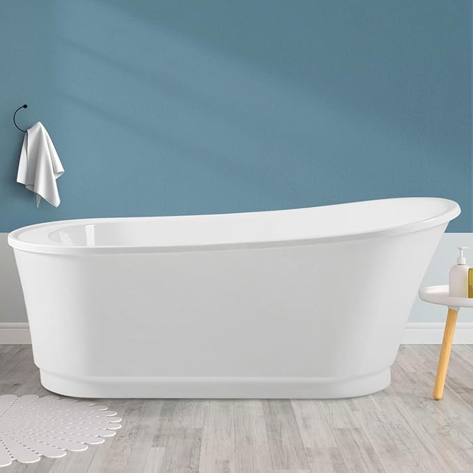 FerdY Langkawi 67" Acrylic Freestanding Bathtub, White Modern Stand Alone Soaking Bathtub, cUPC Certified, Brushed Nickel Drain and Minimalist Linear Design Overflow Included, Easy to Install, 02568T