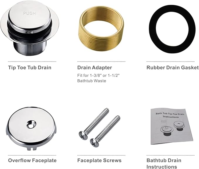 Chrome Bathtub Drain Tip-Toe Single Hole, Hidrop Tub Drain Trim Set Conversion Kit Assembly, Coarse Thread Replacement Trim Kit with 1-Hole Overflow Faceplate Includes an Adapter, Chrome Plated