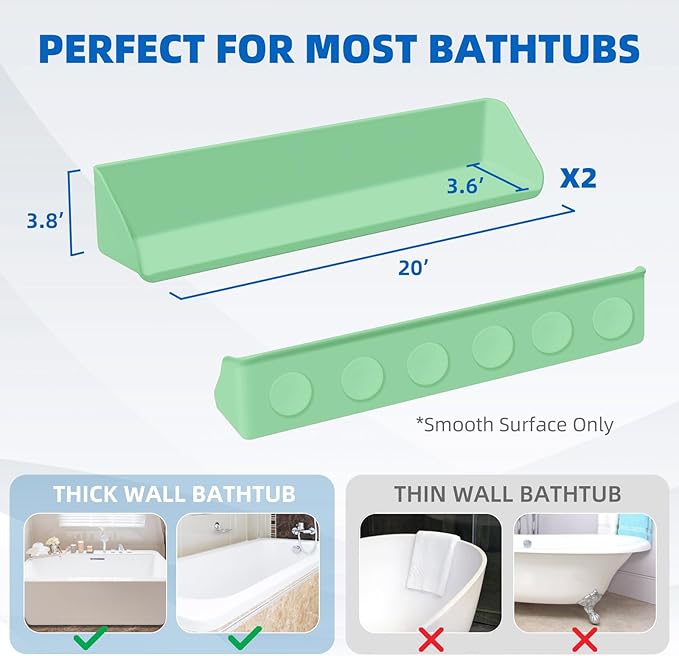 Splash Guard for Bathtub, 3.8" x 3.6" Silicone Bath Tub Splash Guard with 6 Suction Cups, Bathtub SplashGuard Play Shelf Area for Kids with 3°Drainage Slope for Faster Drying - 2 Packs Green